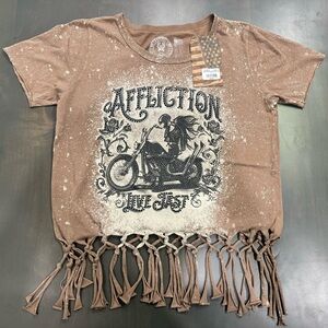 NWT Women's Affliction Live Fast Moto Girls Knotted Tee T-Shirt Tan Size Small